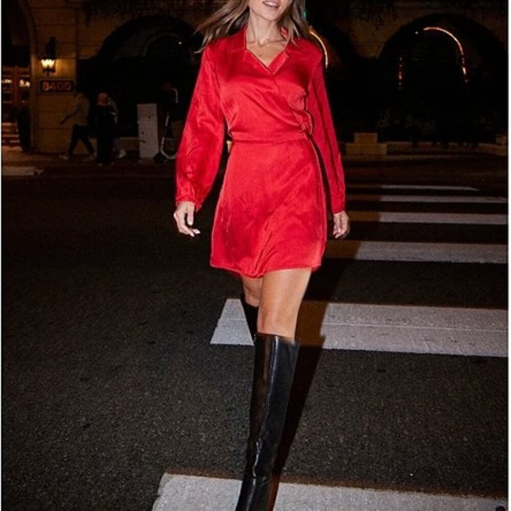 NWT Cloth & Stone Satin Collared V-Neck Wrap Front Mini Dress in Goji Berry